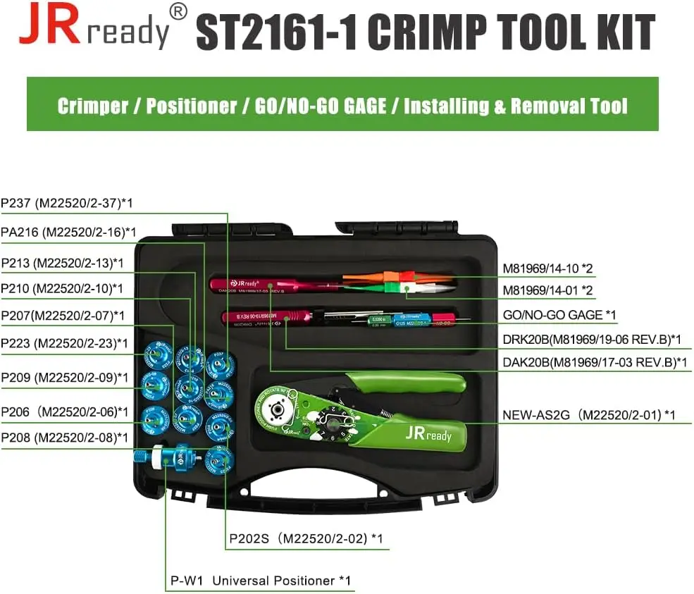 ST2161-1 Crimp Tool Kit NEW-AS2G Crimper M22520/2-01 G125 GO NO-GO GAGE 11 Pcs Positioners DAK20B DRK20B M81969/14-01 M81969/14-