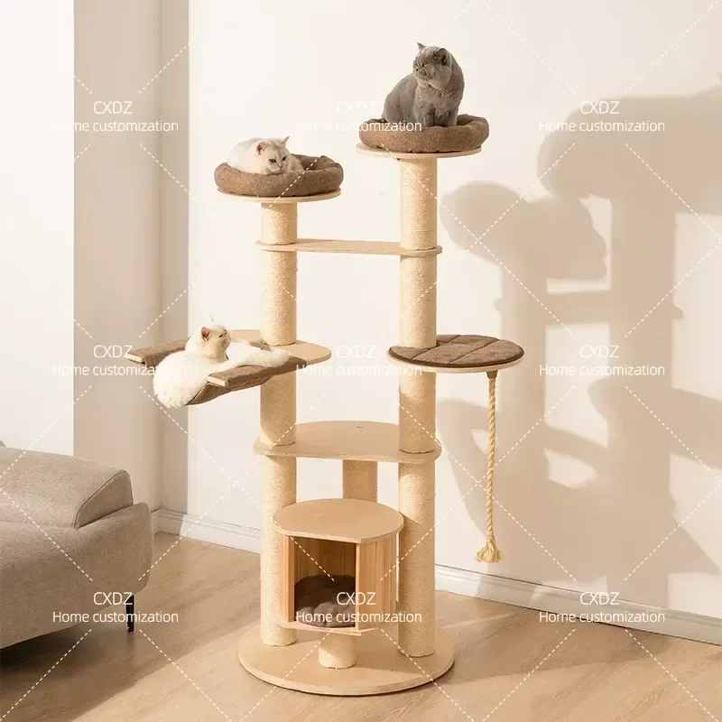 Solid Wood Cat Tree with Nest Multi Layer Large Cat Climbing Frame Shelf Integrated Scratching Post Tower for Indoor Cats