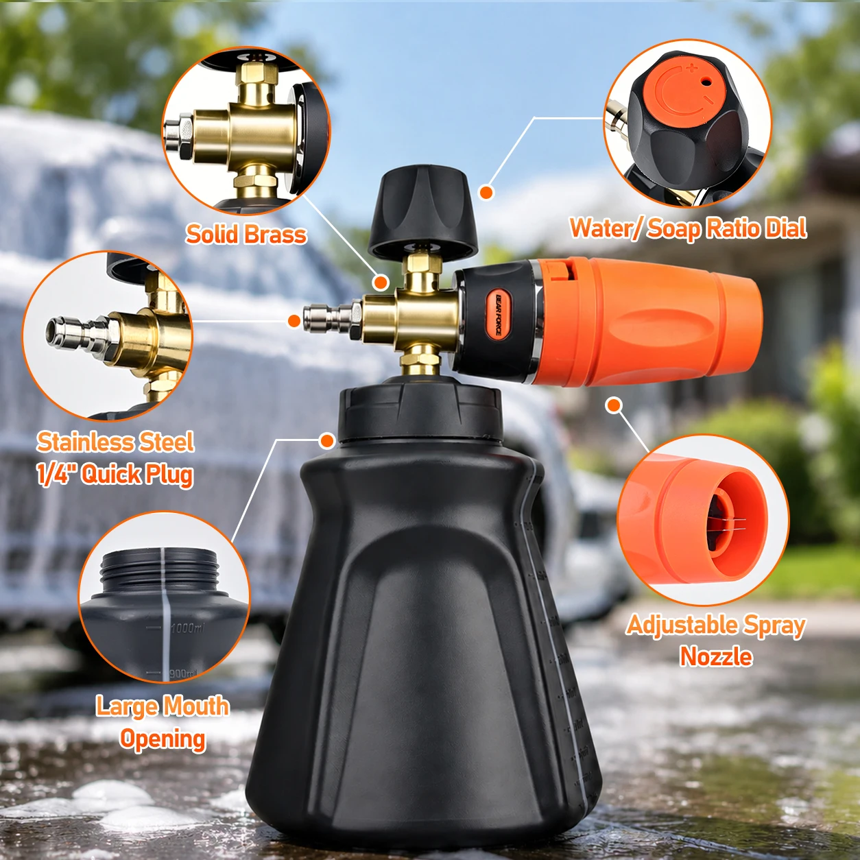 Pressure Washer Foam Cannon Snow Foam Lance 1L Bottle,  360° Adjustable Nozzle, Car Wash Foam Sprayer, with 1/4" Quick Connector view 4