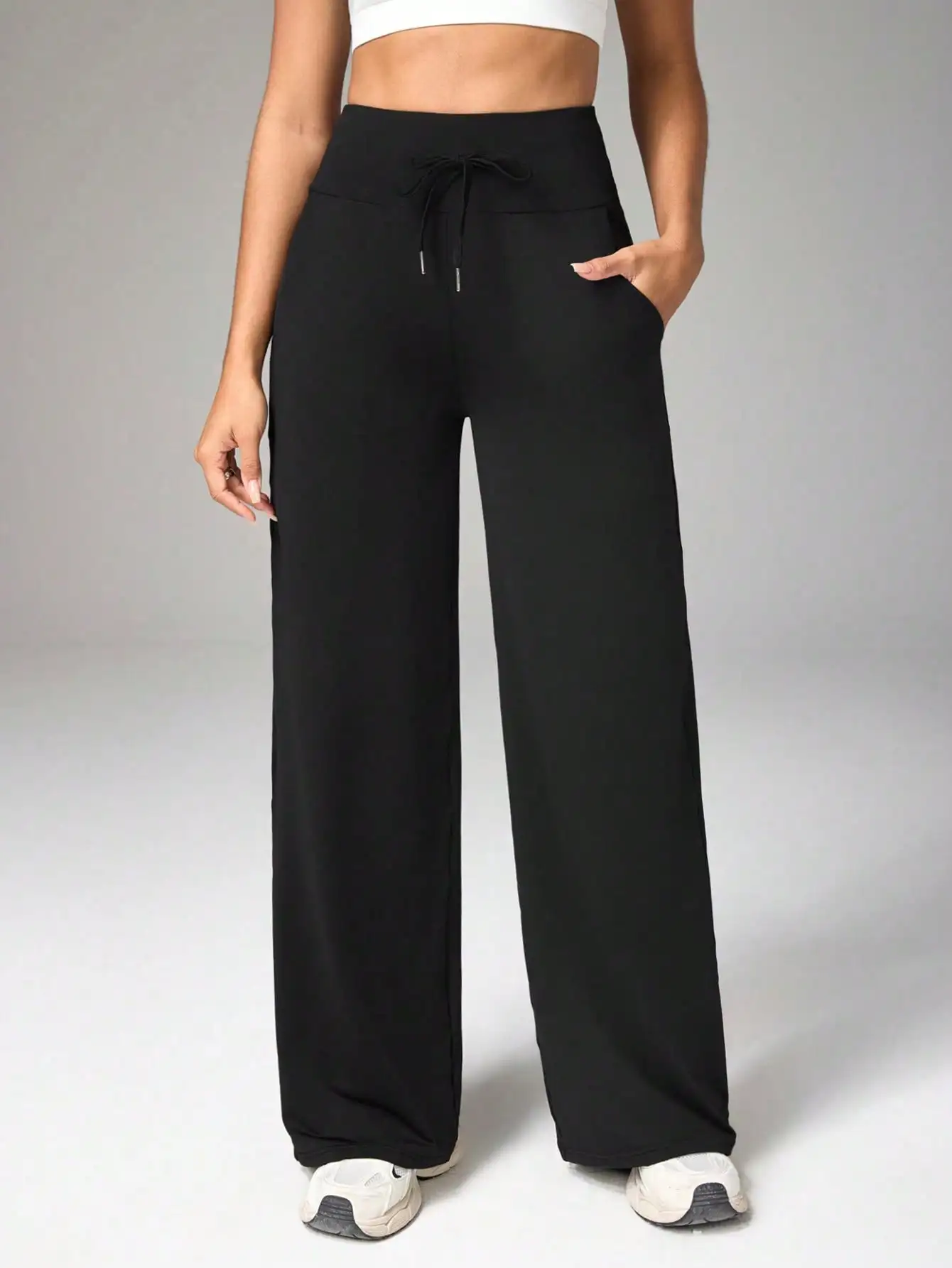 Women's High Waist Wide Leg Knit Pants Autumn 2026 Casual Stretchy Long Trousers with Drawstring Side Pockets