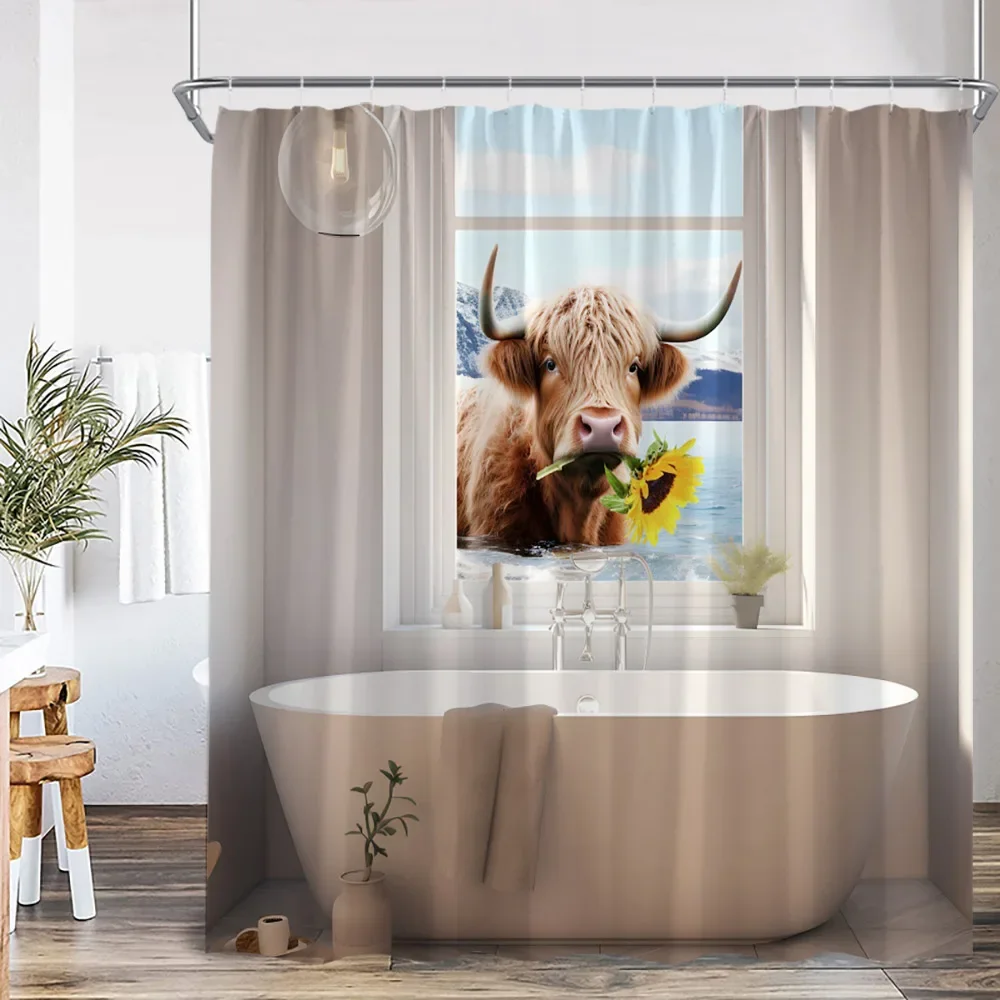 Funny Highland Cow Farm Animal Print Shower Curtain Bathing Animals Horse Donkey Floral Bathroom Decor Polyester Bath Curtain