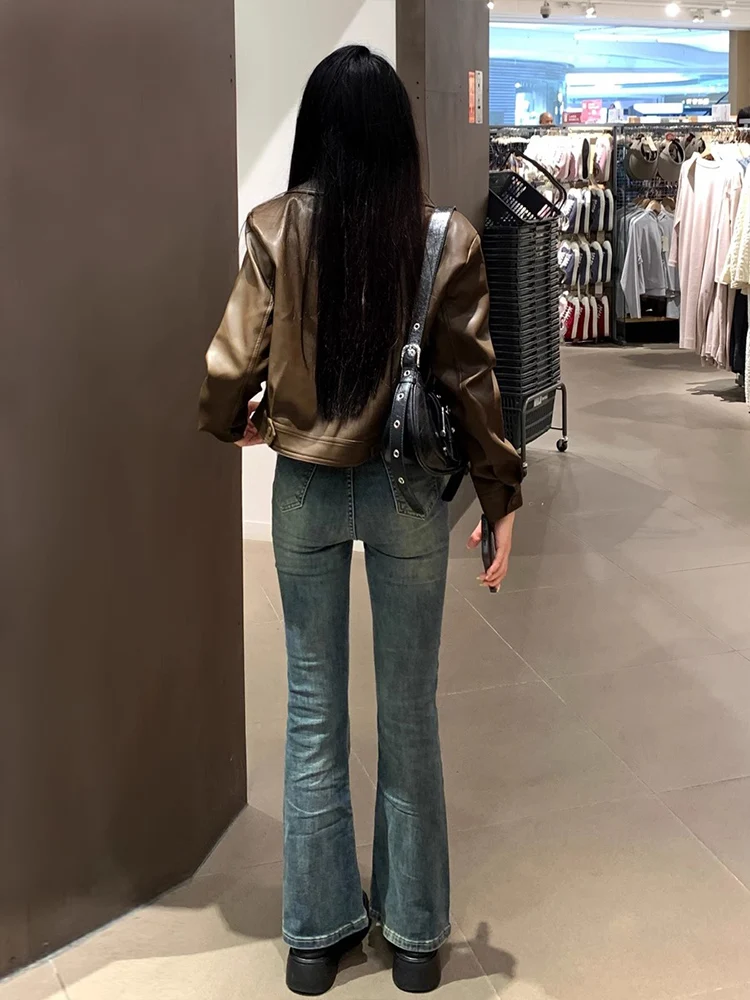 Retro American Feel Distressed Brown PU Leather Jacket Women's Spring Autumn Winter Loose Cool Motorcycle Short Coat
