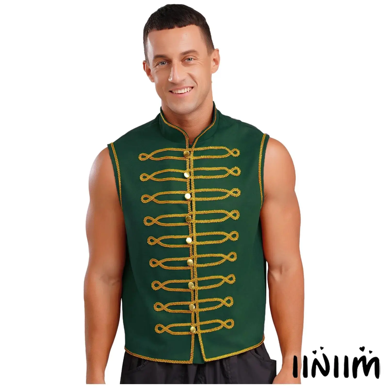 

Adults Mens Rome Medieval Prince Metallic Vest Costume with Open Front And Gold Buttons for Halloween Roleplay Themed Party