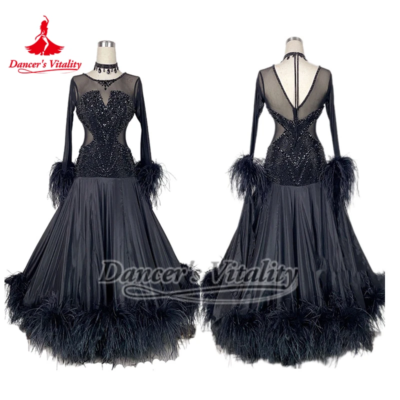 

Social Dance Black Mesh Splicing Feather Lower Hem Dress Waltz Quickstep Pearl Silk Clothe High-grade Customize Include Necklace