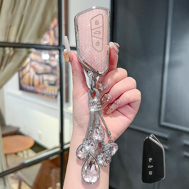 سيارة لشركة فولكس فاجن فولكس فاجن جولف 8 MK8 ID.3 ID.4 كوبرا سكودا اوكتافيا سيات ليون MK4 2020-2026 حافظة مفاتيح فوب حقيبة كريستال وردي تي بي يو #1