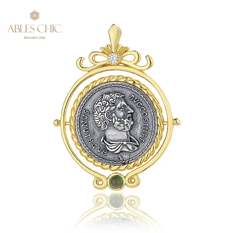 Ables Chic Hadrian Greek Flip Silver Coins Charm Natural Agate Rotating Solid 925 Silver Roman Coin Pendant Only N1027