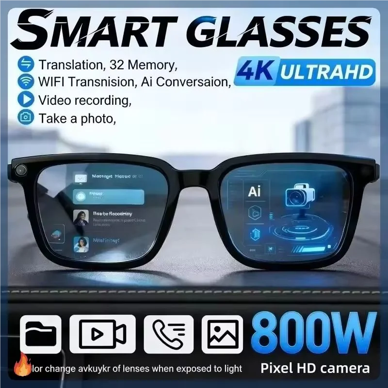 2026 New AI Smart Glasses AI Translation 8MP HD Camera 4K Shooting Image Bluetooth Call Recording Music Smart Sunglasses