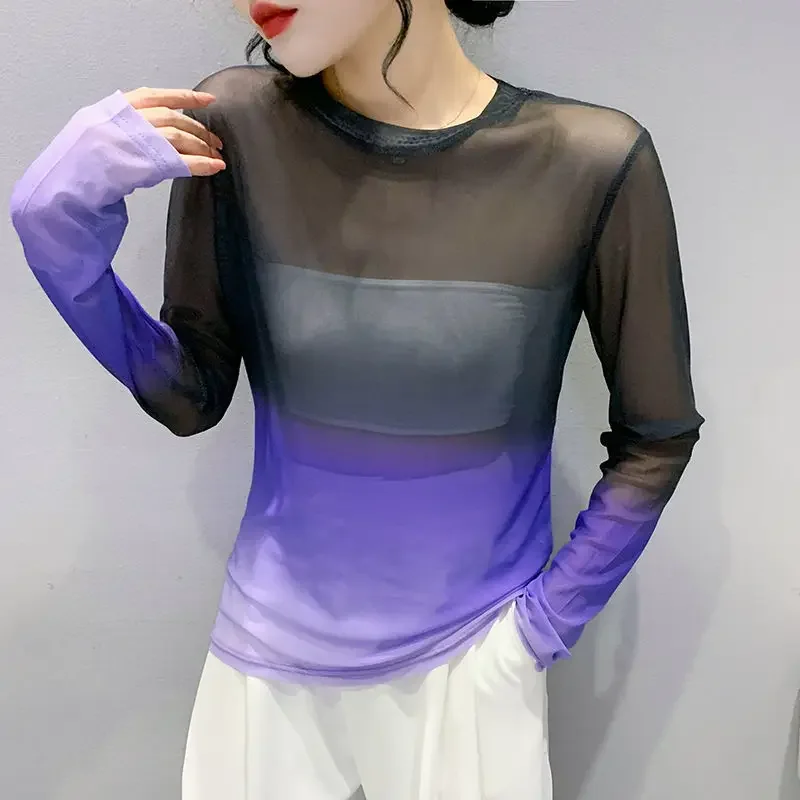 DAYIFUN-Thin Gradient Printed Mesh Design Tees for Women,Ladies' Layered Sun Protection Clothing Ice Silk Tops,Summer T-shirts image 3