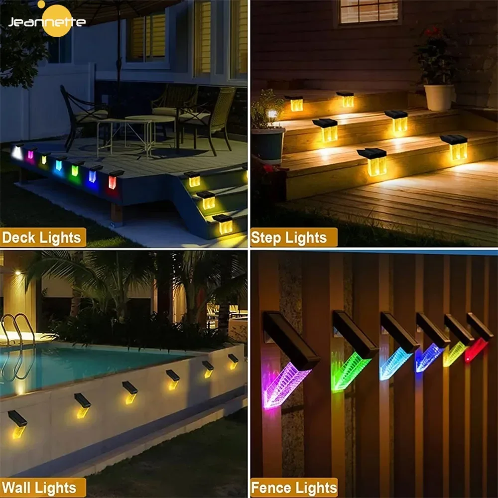 Solar Deck Lights Hek Stap Ligh Outdoor LED-verlichting 7-kleuren verlichting Pad Trap Gangpad Licht Tuin Decor Landschap Glans Lampen