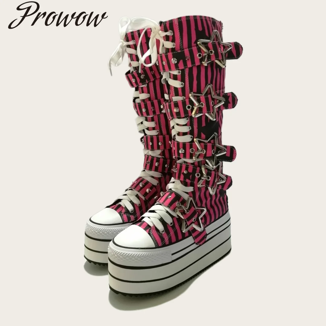 Botas hasta la rodilla a la moda con cabeza redonda y hebilla de cinturón con cuña a rayas, Zapatos para Mujer