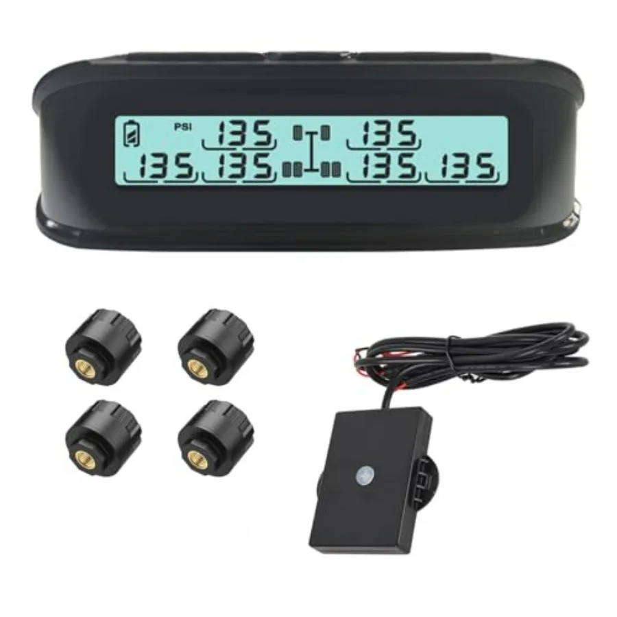 

RV Tire Pressure Monitoring System 0-199PSI Black Truck/Trailer Solar TPMS with 4 Sensors TB4Upgraded 6 Alert Modes wiht Repeat