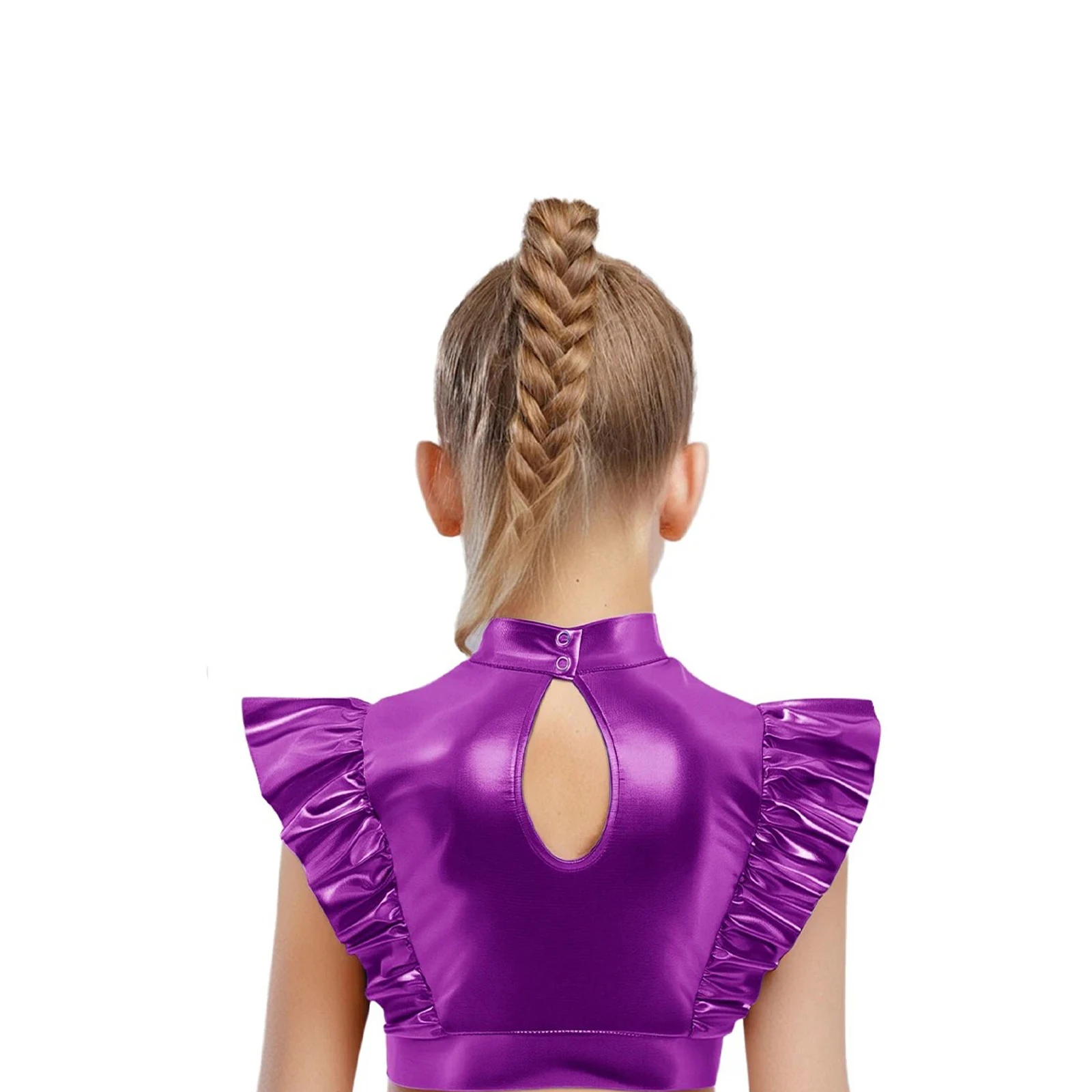 Costumi di danza jazz per ragazze per bambini Collo a lupetto con strass Maglia patchwork senza maniche Top corto metallico con pantaloncini Set Abbigliamento da ballo di strada