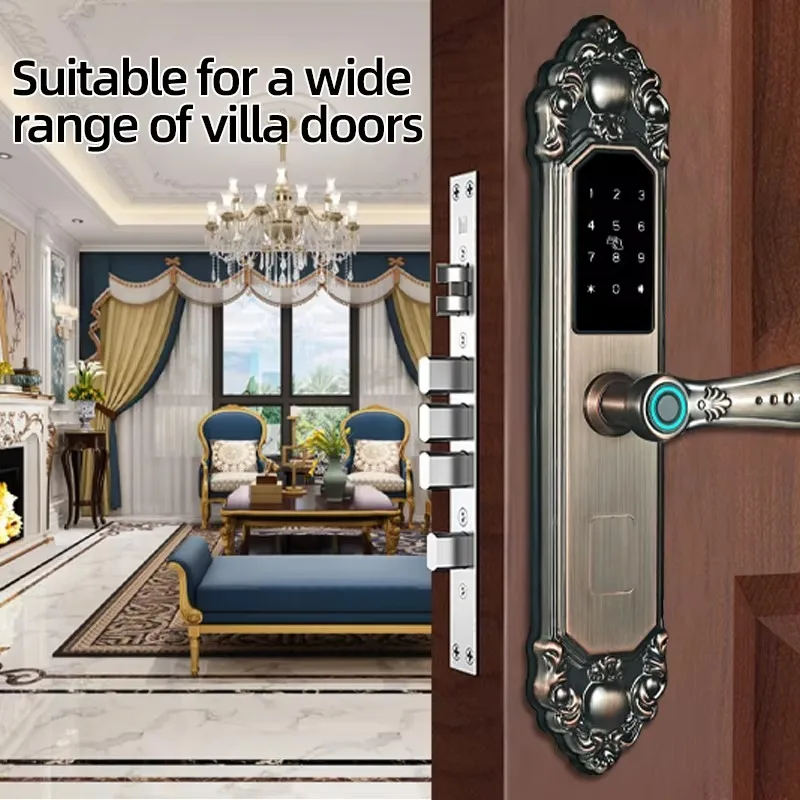Waterproof Luxury European Style Villa Door Lock Smart Lock with Fingerprint & Password Key Compatible with Tuya App