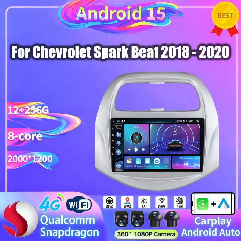 Radio para Auto con Android 15 para Chevrolet Spark Beat 2018 2019 2020, WIFI, Estéreo, 4G LTE, GPS, Navegación, Audio Plug and Play, Reproductor de Video