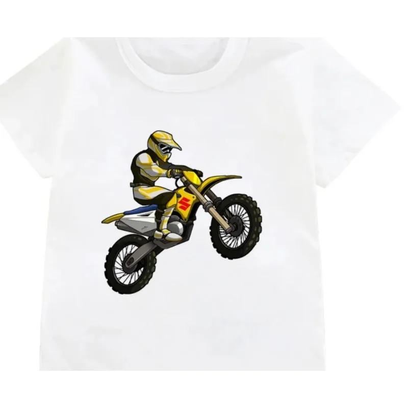 Hot Sale  Dirt Bike Motorcycle Print T-shirt Boys Cool White T Shirts Kids Harajuku Summer Short Sleeve Tshirt Tops