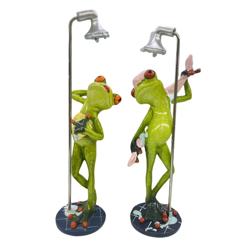 New European Long Leg Frog Statue Creative Shower Frog Lady Figurine Resin Crafts Modern Indoor Home Desktop Bathroom Decoration