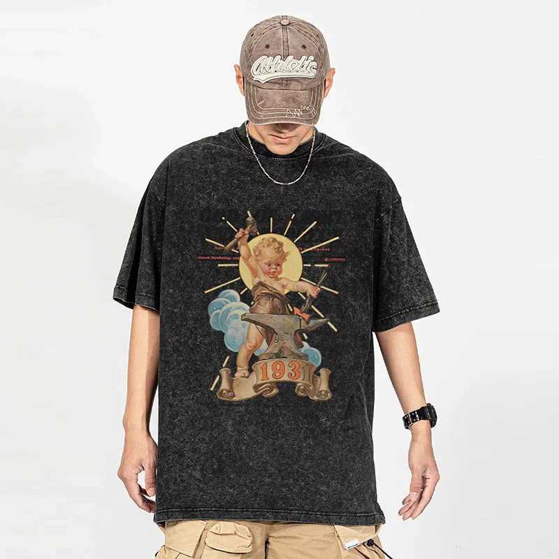 تي شيرت رجالي بأكمام قصيرة على ارتفاع الشارع ، طباعة ملاك مضحكة عتيقة ، قطن خالص مغسول ، مقاس فضفاض ، توبات للزوجين ، تي شيرت صيفي
