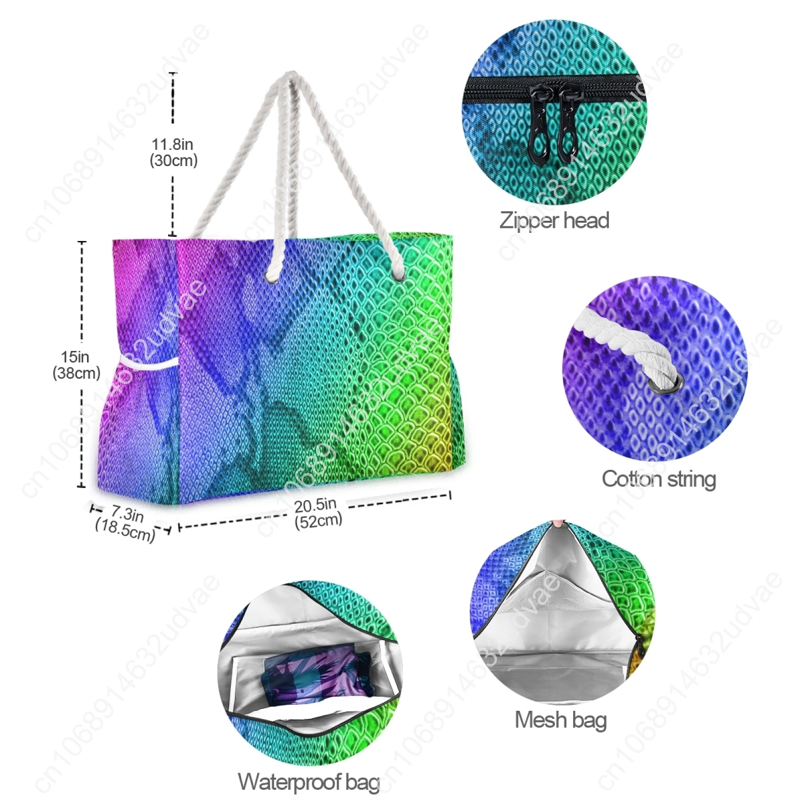 Tote Bag For Travel Beach Grocery Shopping Rope Handle Women's Reusable Cute Bags For Girls Rainbow Snake Skin Print Colorful