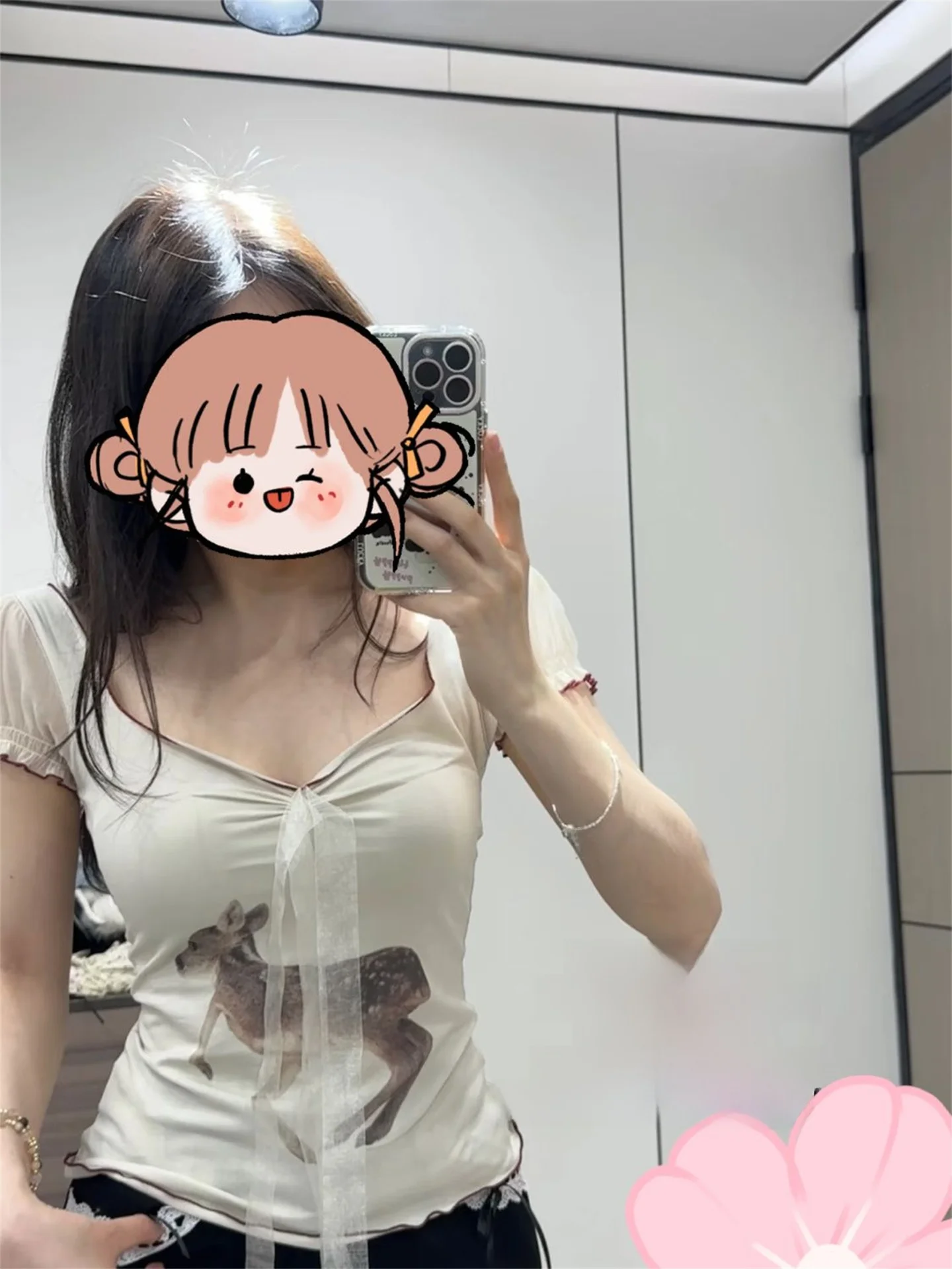 Cseta de manga corta ajustada para mujer, cseta de verano con cuello en V y estampado de nudo de mariposa, estilo corea...