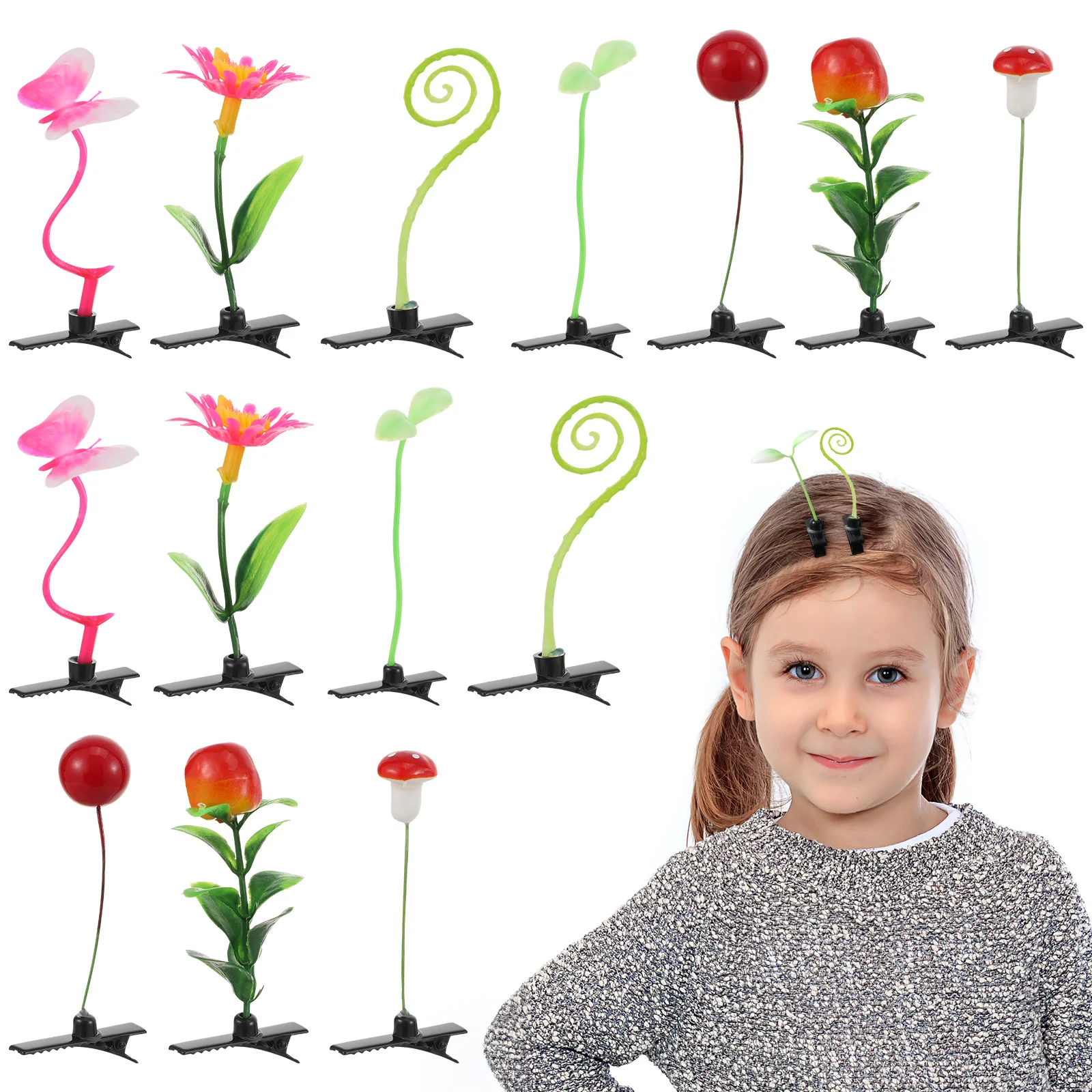 28 Pcs Simulation Plant Hair Clip Girl Creative Bands Hairpins Small Artificial Plants Butterflies Flower Kids