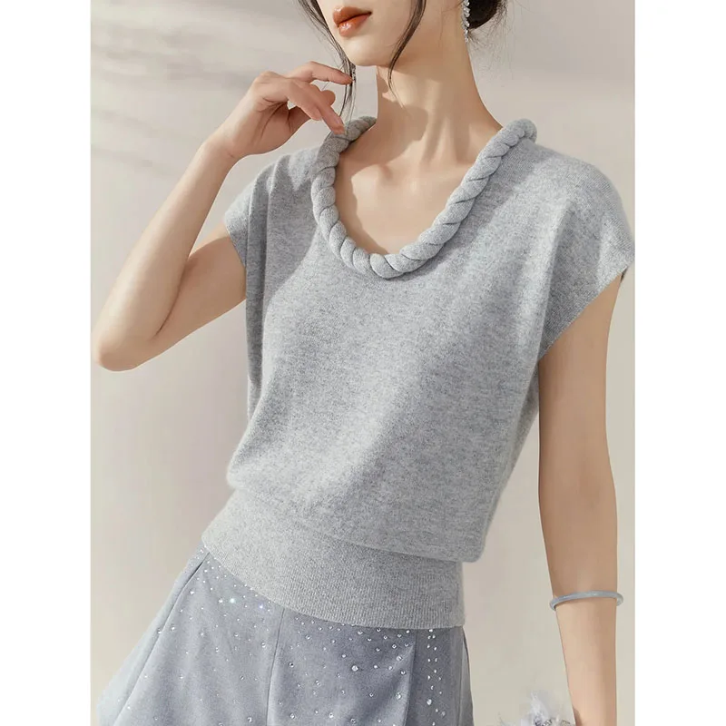 

Gray Cashmere Knitted Vest Women Crochet Flower Collar Sweater Tank Summer Wool Elegant Pullover Knitwear French
