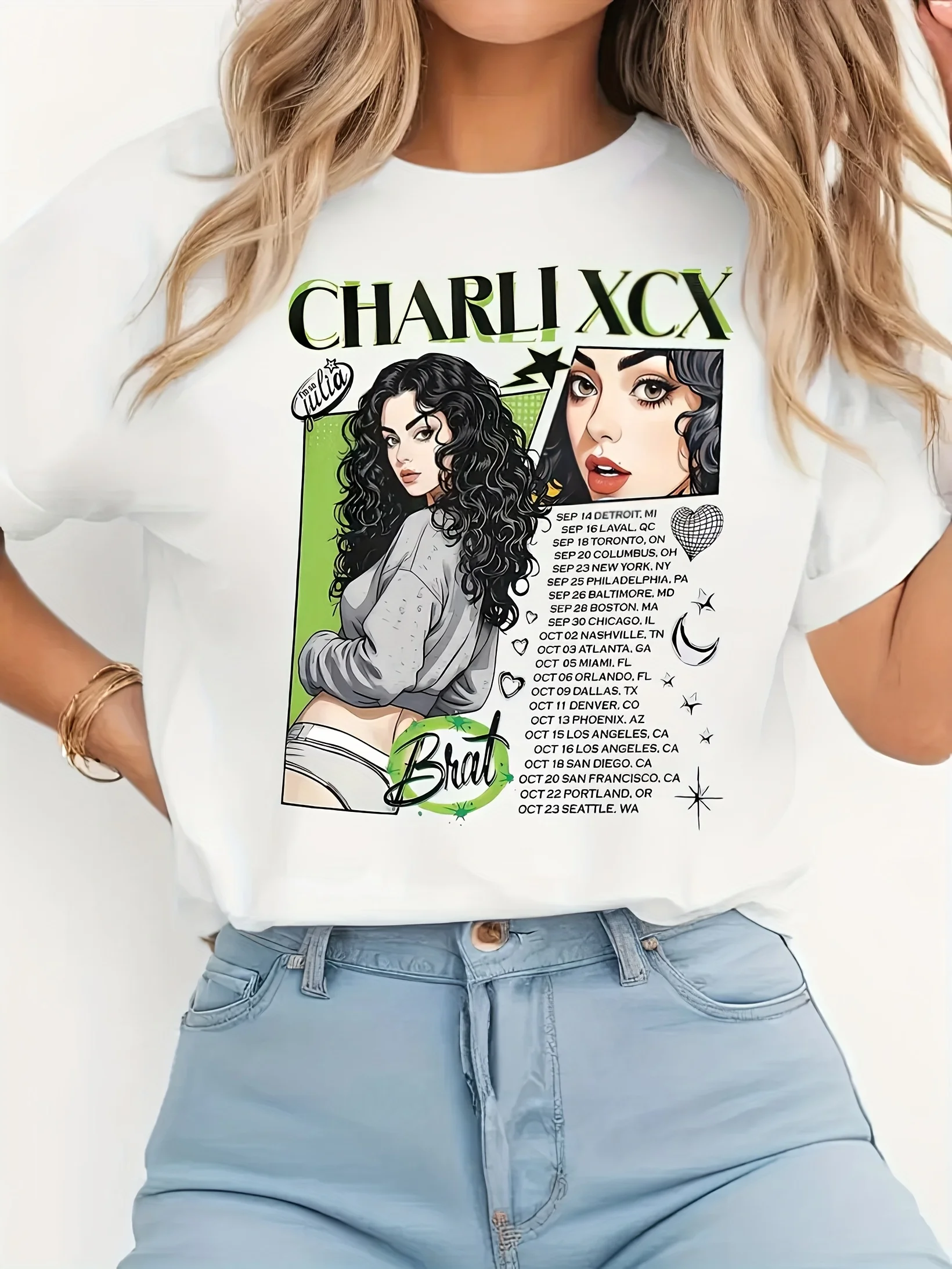Women's White Graphic Print T-Shirt - Short Sleeve Crew Neck Casual with CHARLI XCX Harajuku Sleeve Casual Aesthetic Clothes