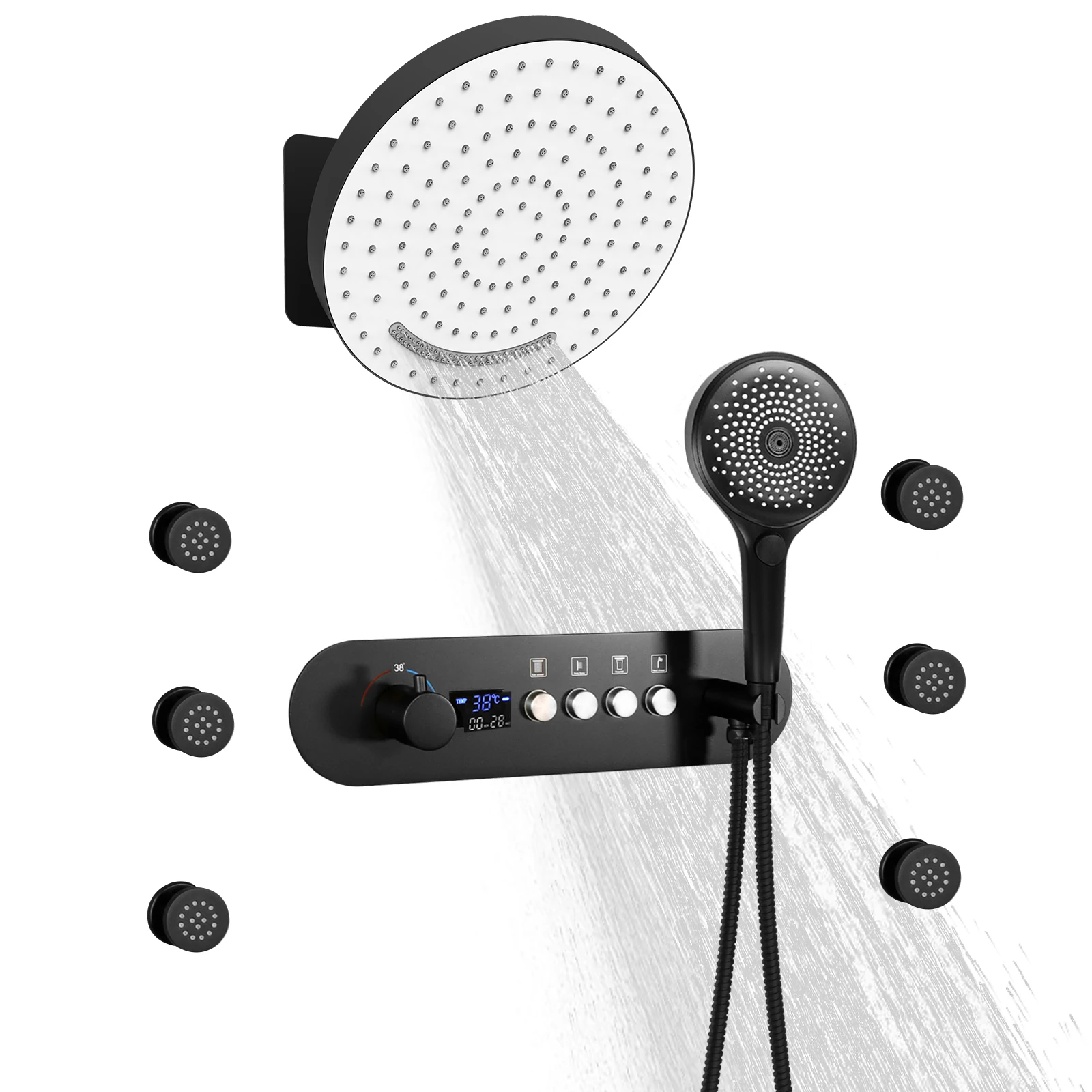 Matte Black Thermostatic Temperature Display Shower Body Sprays Systems Wall Mounted 320*320mm Rain Shower Faucet Set