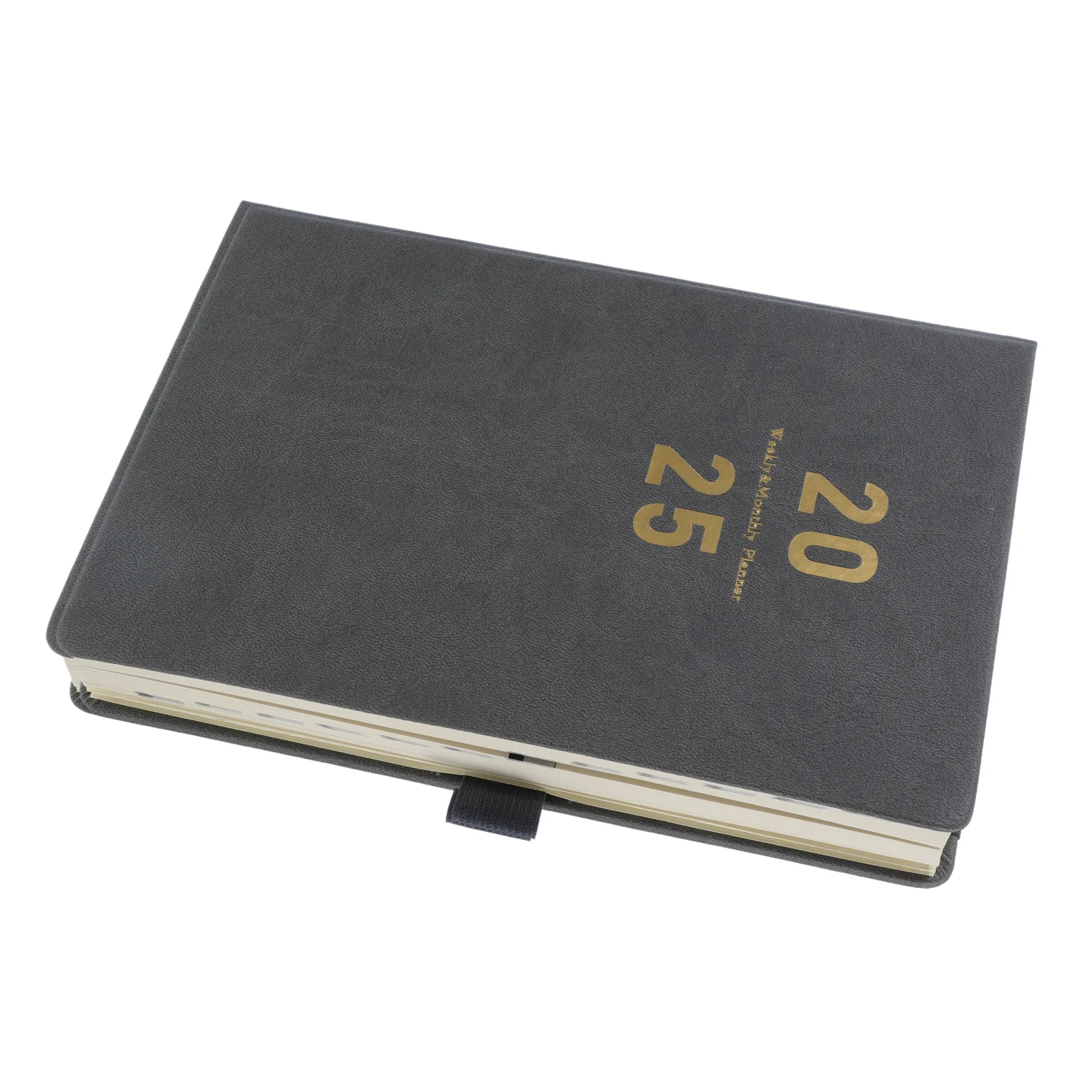 

1 set 2025 Monthly Planner A5 Size Hard Cover Notebook with Pen Slot Daily Writing Book for Time Management Gifts Grey Color