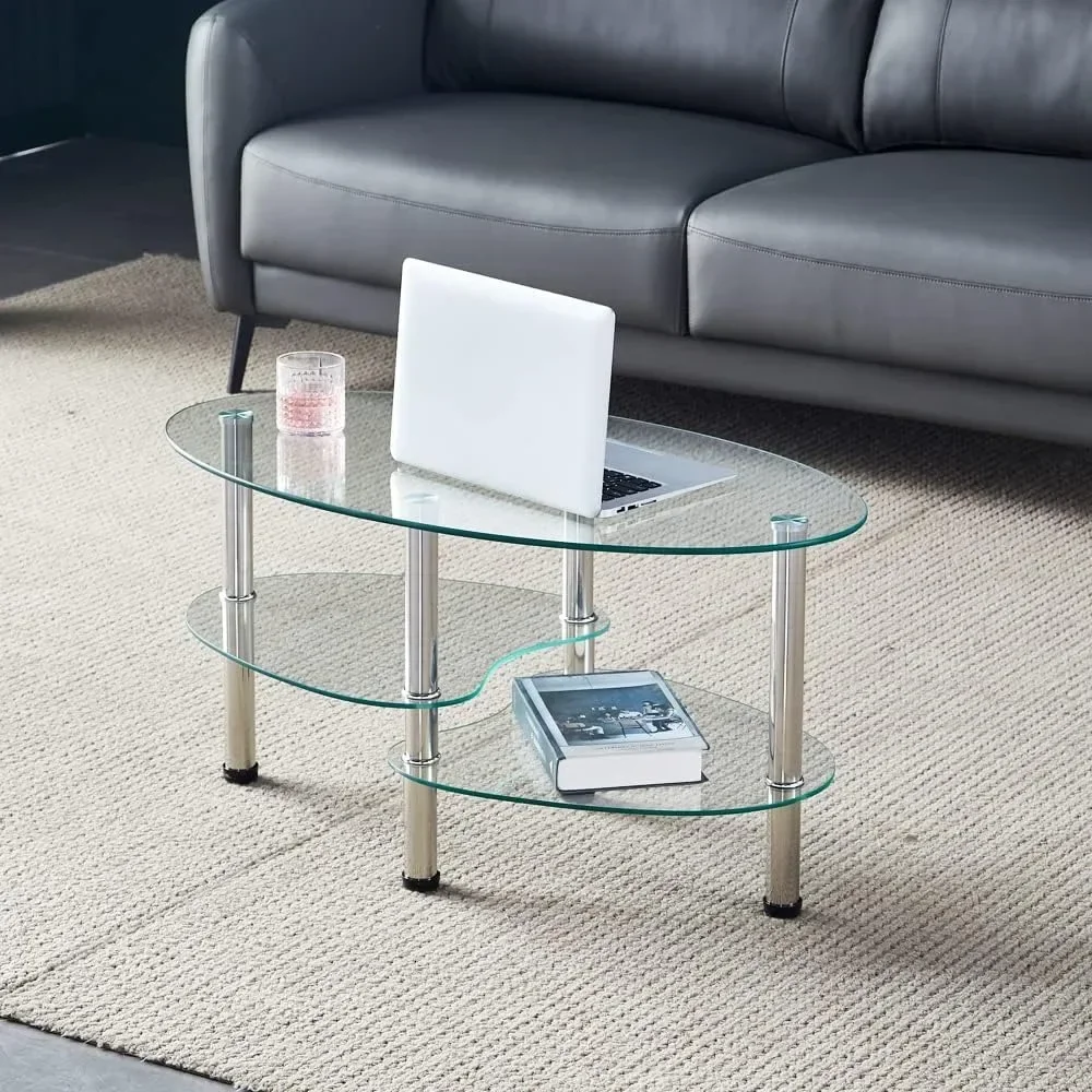 

Oval glass coffee table for office use, three story modern living room end table