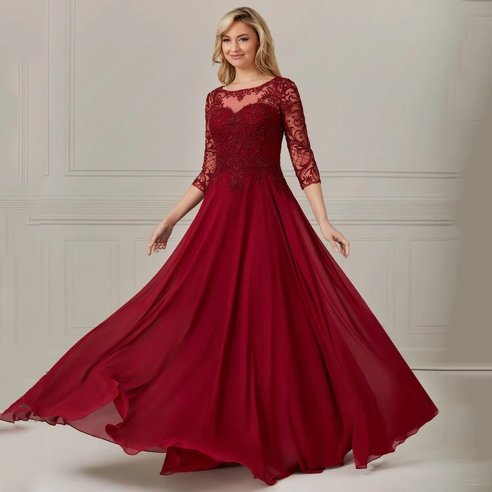 

Elegant Mother of the Bride Dresses 2023 A Line 3/4 Sleeves Women's Wedding Guest Gown Burgundy Applique Fromal Party Dress Long