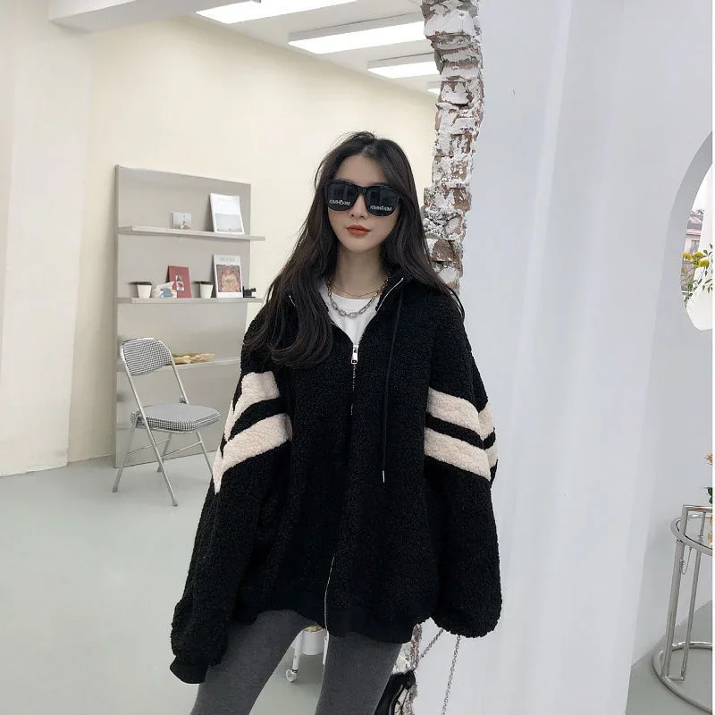 Ins Autumn Kawaii Teddy Bear Fur Oversize Hoodies Harajuku Women Bomber Jacket Faux Lambs Coat Fleece  Streetwear