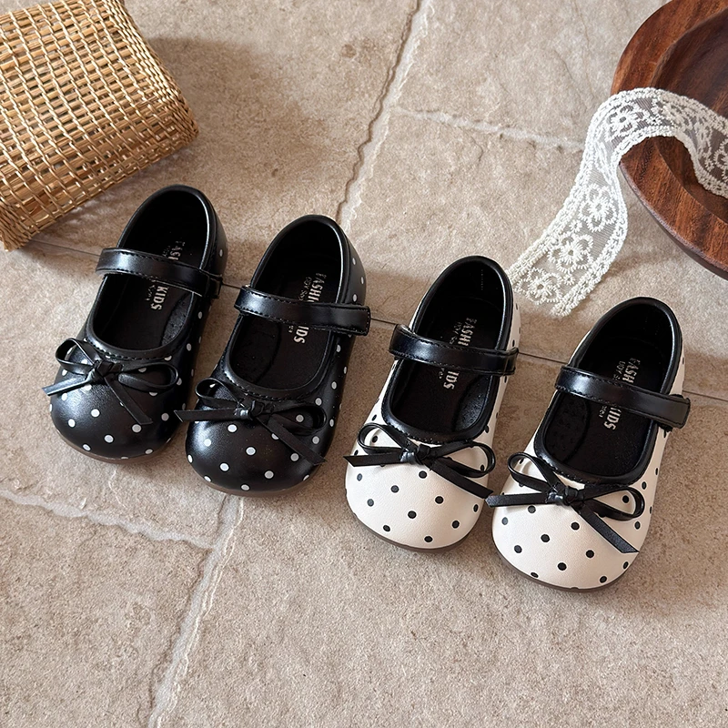 Kid's Shoes Retro Polka Dot Bowknot Girls Leather Shoes Korean Princess Style Lightweight Shallow Mouth Children's Shoes