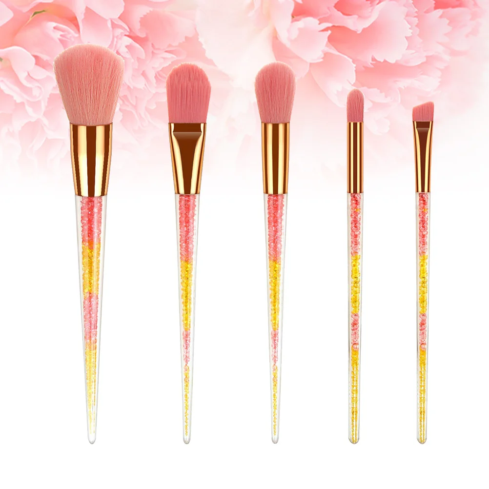 

5Pcs Transparent Handle Makeup Brushes Pink Hair Professional Set Portable Cone Shape Powder Foundation Blush Brush Kit