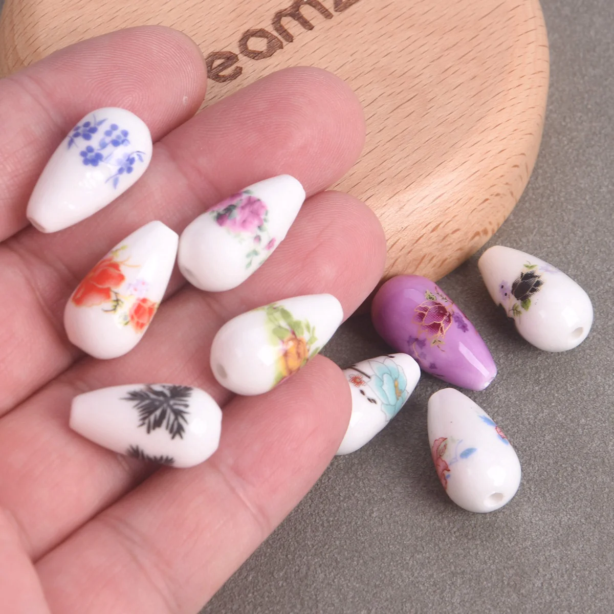 10PCS Teardrop Shape 20x10mm Flower Patterns Ceramic Porcelain Loose Crafts Beads For Jewelry Making DIY Bracelet Findings