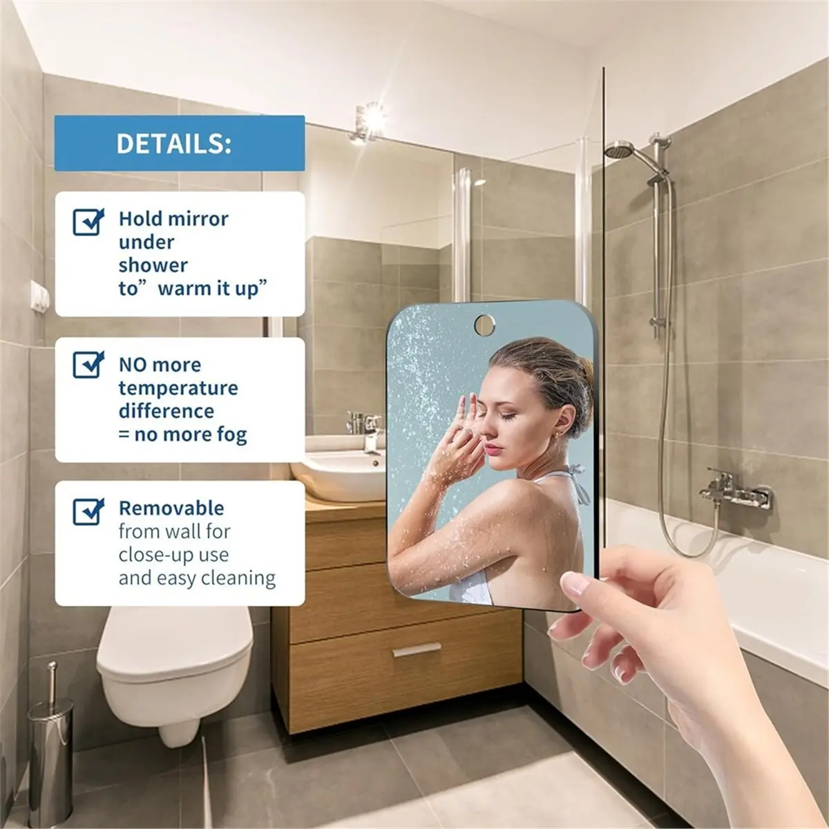 

AA91 Shatterproof Shower Mirror Fogless for Shaving,12x8 Inch Anti Fog Shaving Mirror Holder NO-Drilling, Free Waterproof