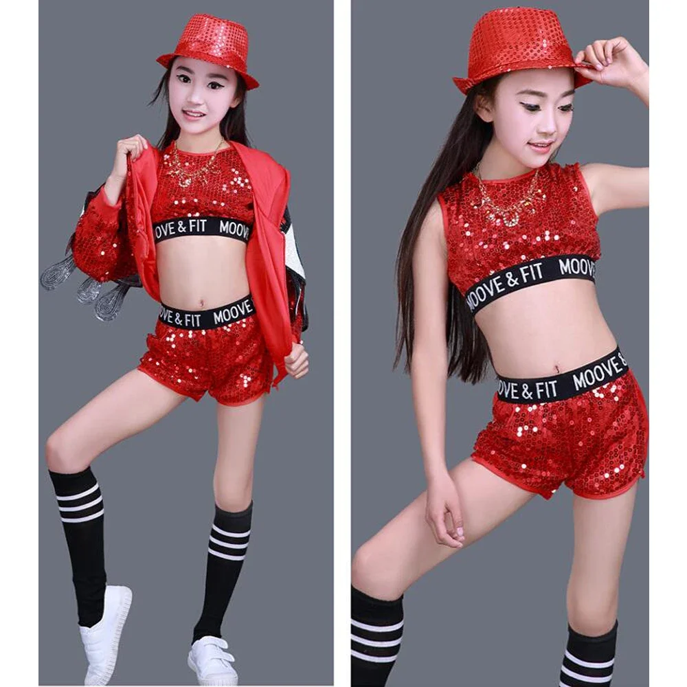 Show Kleidung moderne Kind Hip Hop Bühne tragen Outfits 3 Stück Kinder Jazz Tanz Kostüme Mädchen Street Dance Pailletten Party