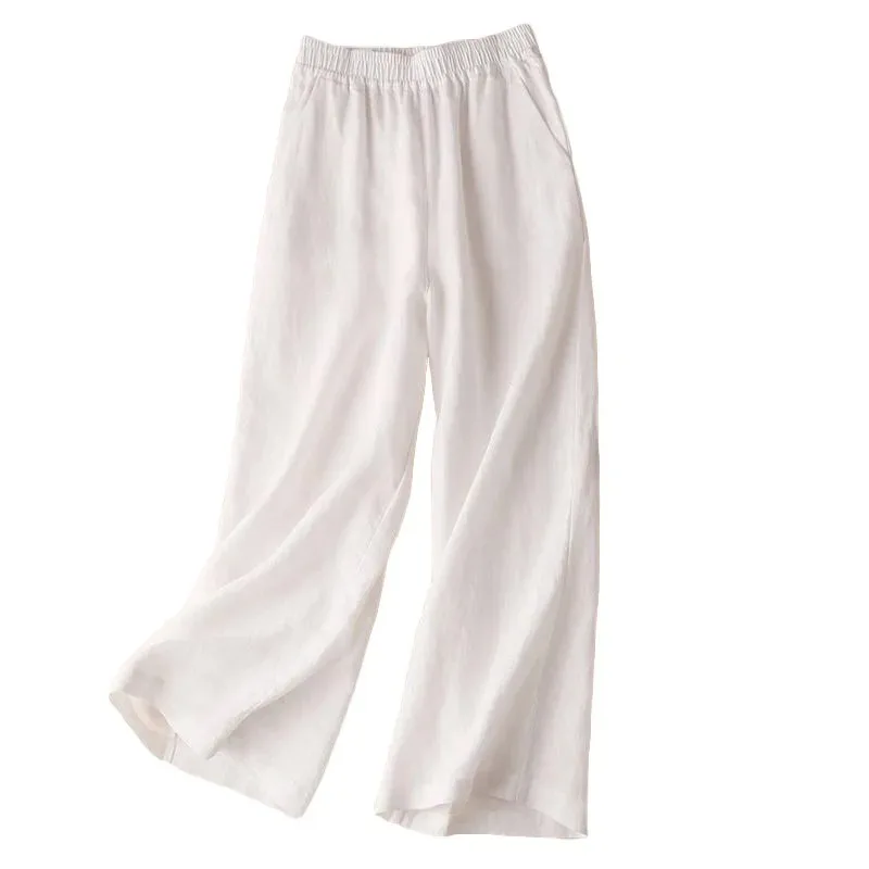 Women\'s linen and cotton casual trousers, nine-quarter wide-leg trousers, work trousers, high-waisted straight-leg trousers