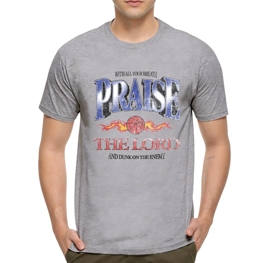 Mens 100% Cotton T Shirt Praise The Lord Dunk On Enemy Basketball Retro Print Breathable Short Sleeve Casual Daily Tee