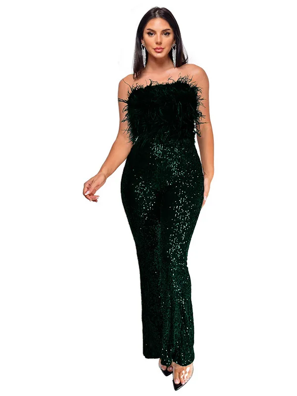 

Женский комбинезон на бретельках с блестками и перьями, брюки-клеш с высокой талией, длинные брюки из тонкого материала, полиэстер, весна 2025 г.