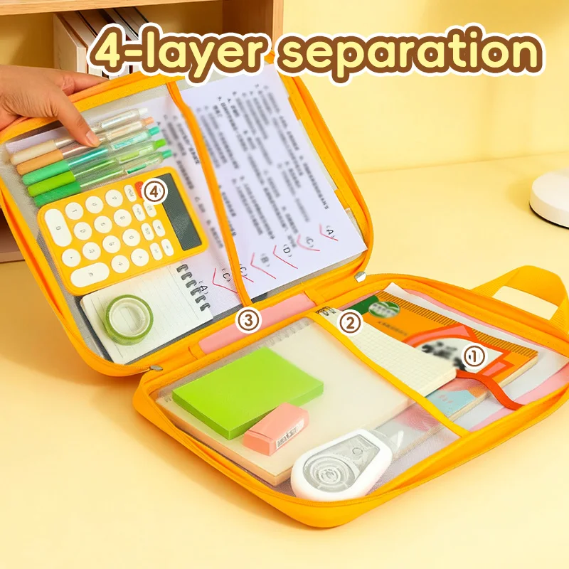 1PC 180-Degree Wide-Open File Bag - 4-Layer Transparent, Large-Capacity Zippered Handheld for Students