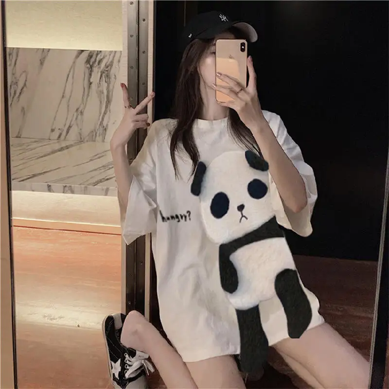 Ladies Cartoon Embroidered Summer Casual Style Mid-Length Short-Sleeve T-Shirt Fashionable Korean Version Single-Piece Top