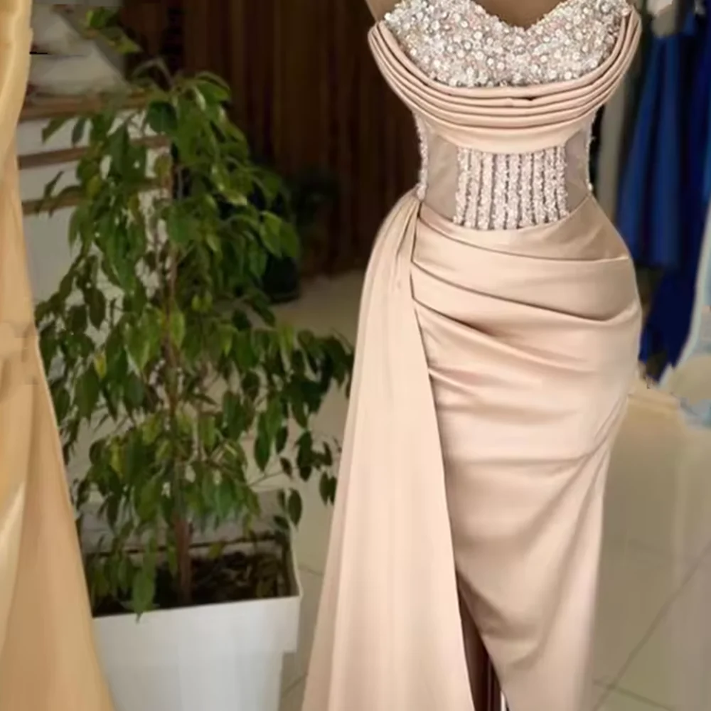 Vestido De noche De satén De sirena, apliques De cristales largos con forma De corazón, vestidos para fiesta De graduación, vestido Formal plisado con abertura, bata De noche
