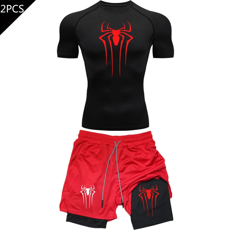 Men's Workout Compression Set Y2K Spider Printed Gym Tshirts Breathable Running Shorts Quick Dry Sports Rash Guard Sportwear Set image 5