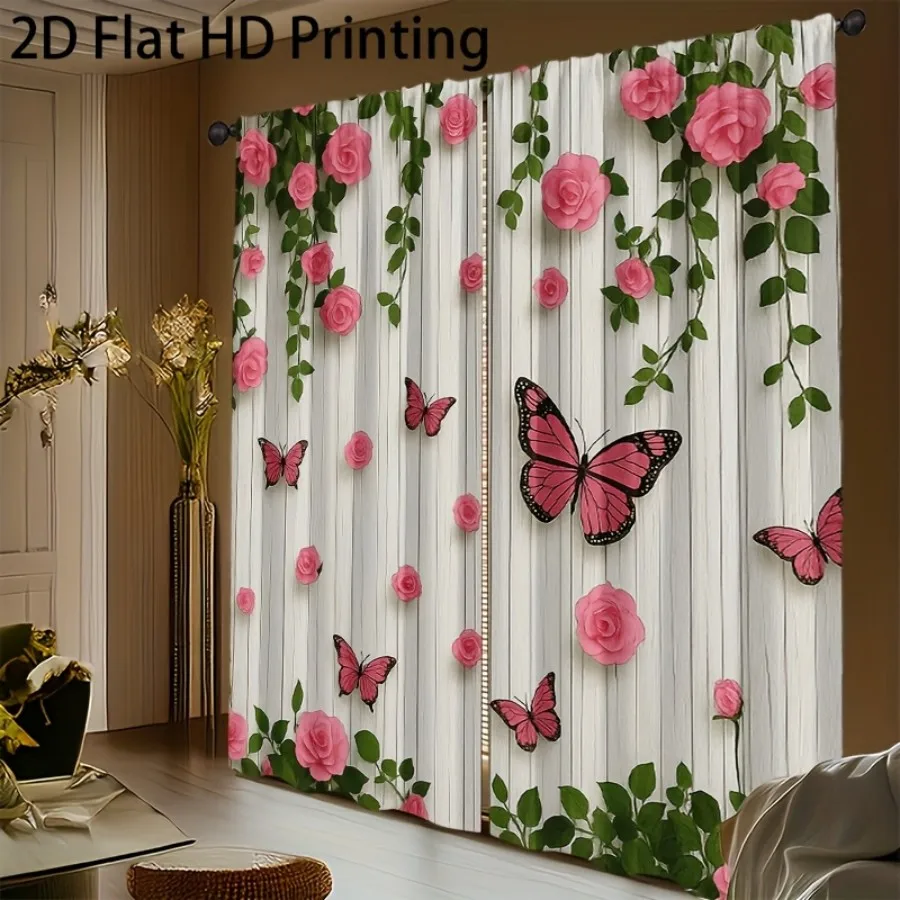 2PCS Digital Print Curtains, Wood Grain Pink Butterfly Rose, Rustic Vintage Floral Decor Shabby Chic Country Bedroom Drapes