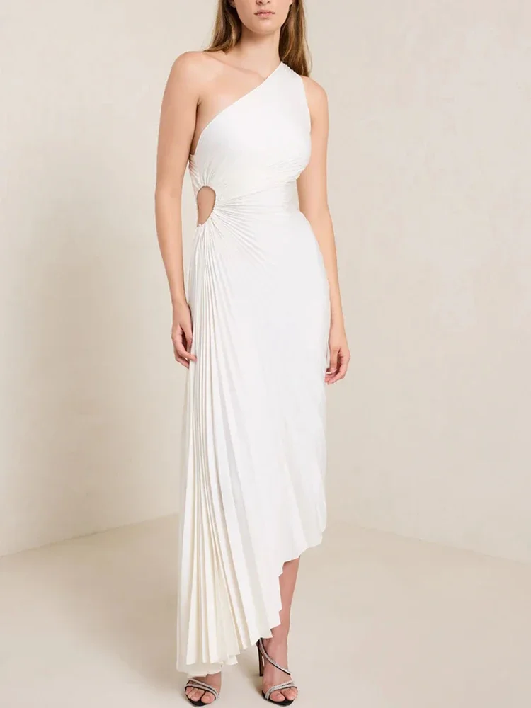 

New Elegant Party Women Dress Ruched Pleated 2024 Sexy One Shoulder Sleeveless Satin Asymmetric Side Cutout Evening Dress White