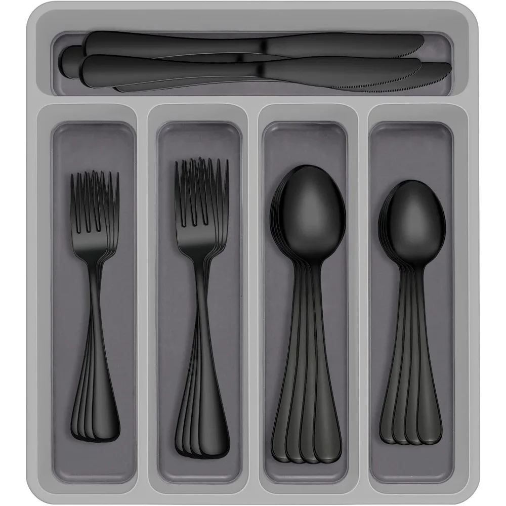 

60-Piece Black Silverware Set with Organizer, Stainless Steel Flatware for 12, Cutlery Utensil Set for Home Restaurant, Tablewa