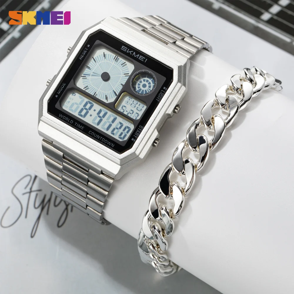 

SKMEI Week Display Digital Electronics Watch For Men Women Waterproof World Time Stainless Steel Strip Wristwatch and Bracelet