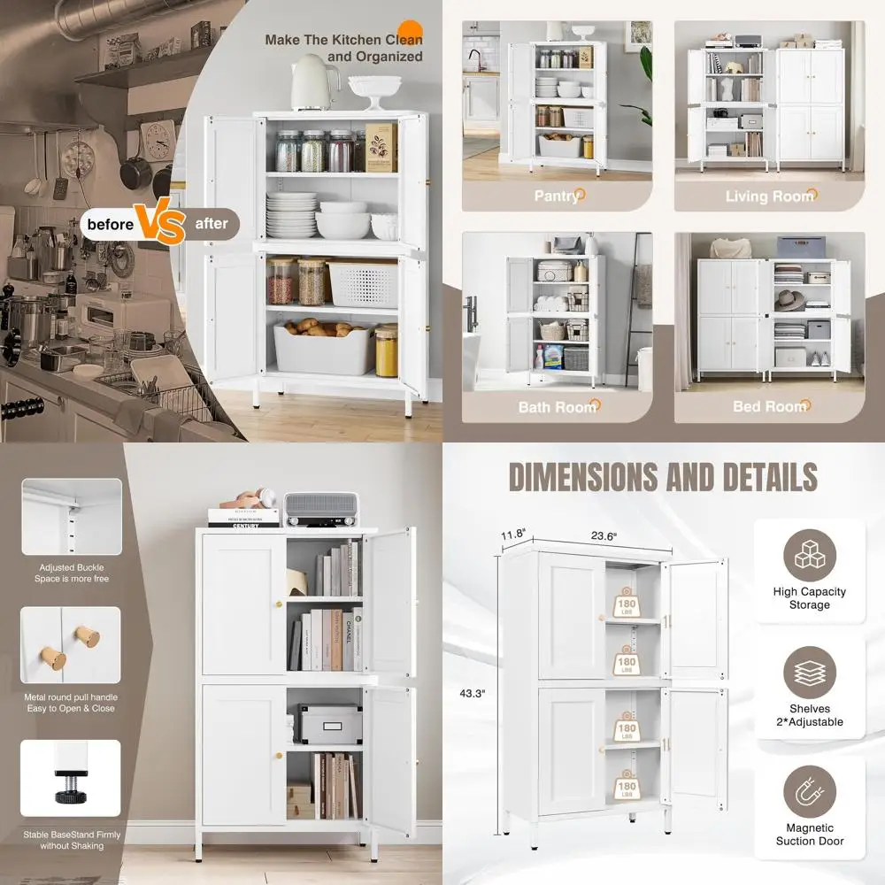 

Белый высокий кухонный шкаф-панилер (43 дюйма) с 4 дверцами и 2 регулируемыми полками для домашнего хранения