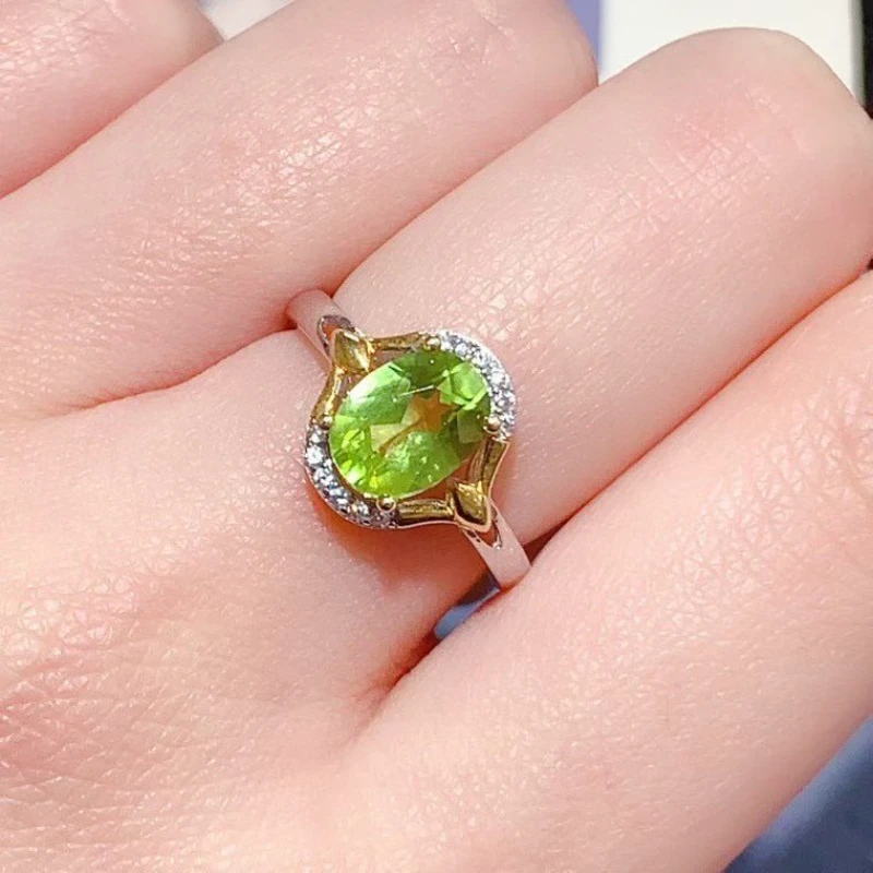 

Серебряное кольцо 925 пробы с натуральным перидотом и сертификатом, 8x6 мм, 1 карат, подлинное украшение с перидотом, серебряное кольцо, изысканные ювелирные изделия для женщин