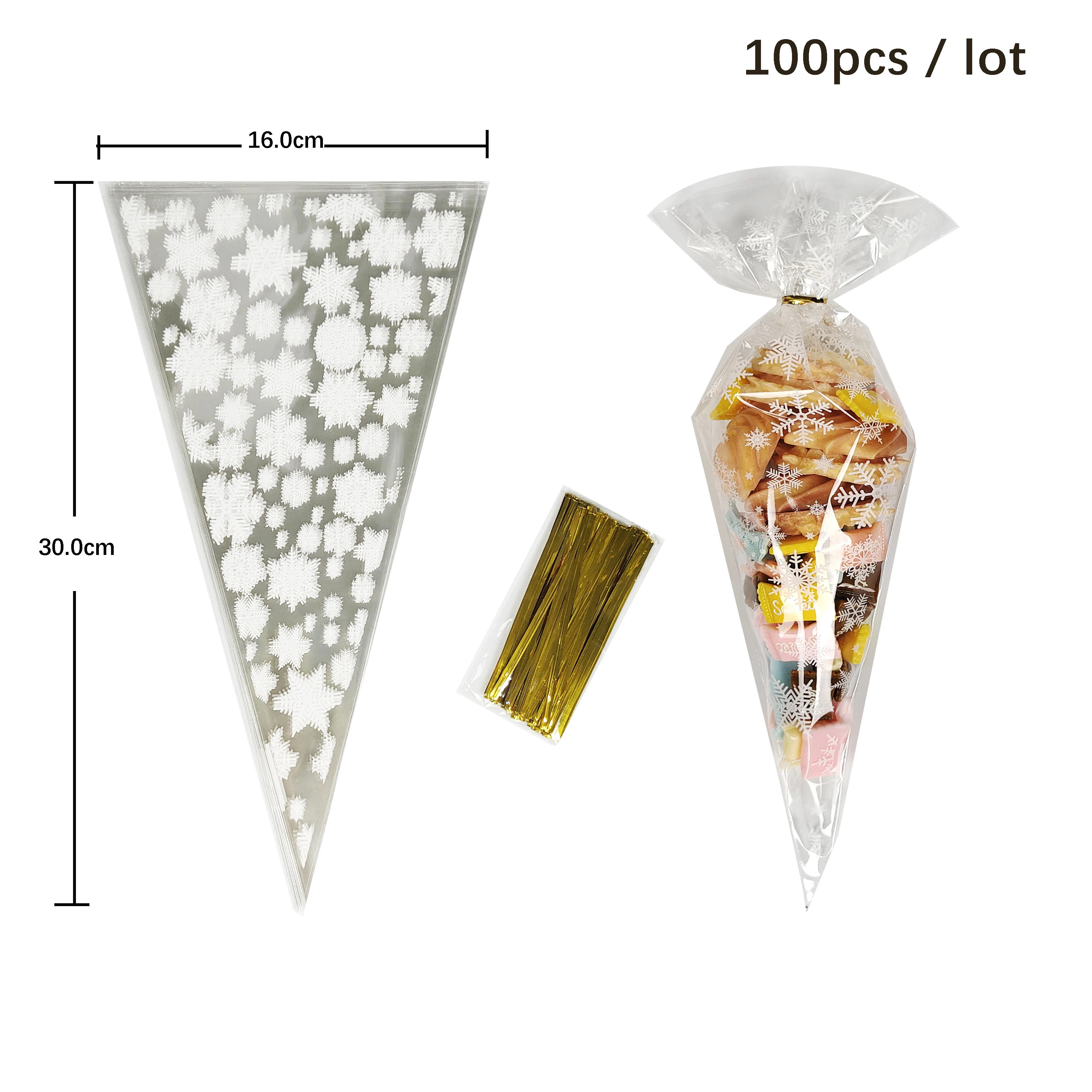 100 Stück Weihnachtsgeschenktüten Weihnachtsmann Schneeflocke Süßigkeiten Keks Kegel Tasche Kunststoff Xmax Verpackung Lieferungen Weihnachtsdekoration 2024 – Detail 6